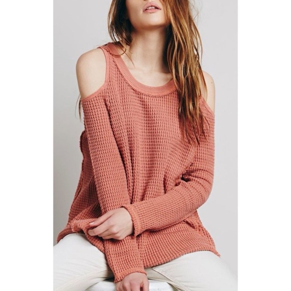 Free People V-Neck Crochet Knit Pullover Sweater Cold Open Shoulder Cutout Large
